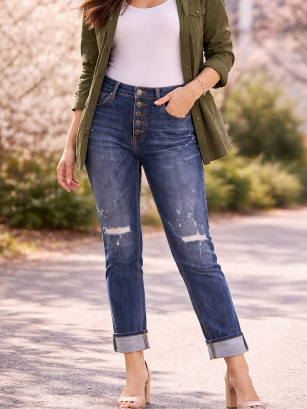 CAbi Button-Fly Dark Blue Distressed Women's Jeans